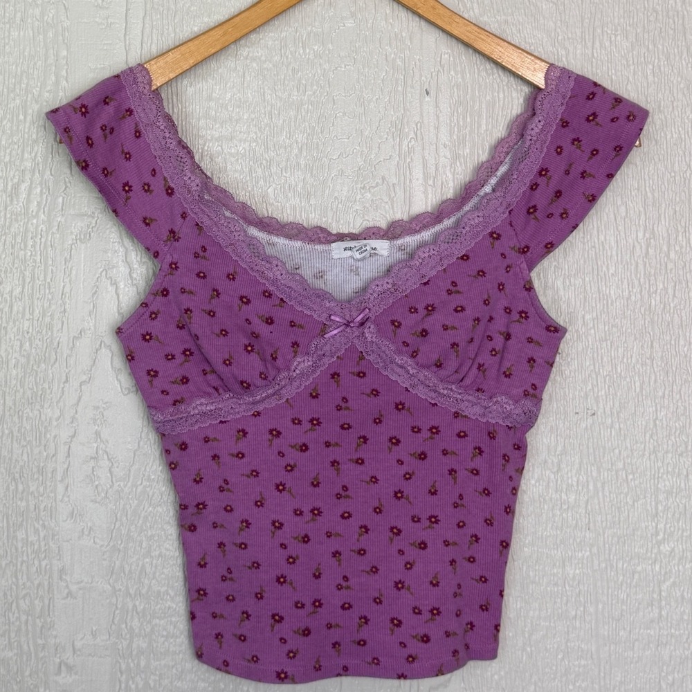 Stitch & Pine Purple Floral Ribbed Lace Trim Coquette Crop Top Small